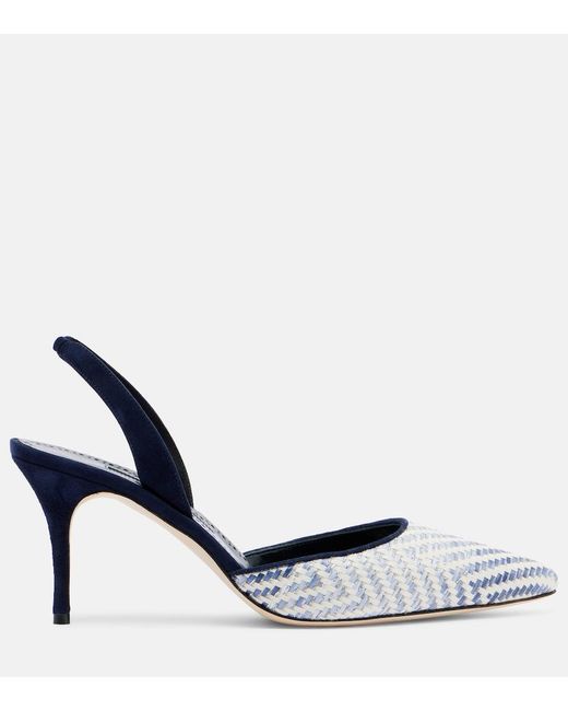 Manolo Blahnik Blue Carolyne 70 Raffia Slingback Pumps