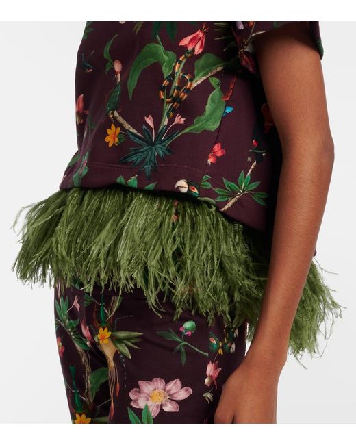 LaDoubleJ Red La Scala Feather-Trimmed Printed Cotton T-Shirt