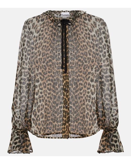 Ganni Brown Leopard-Print Tie-Neck Chiffon Blouse