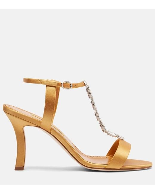Manolo Blahnik Metallic Crystal-Embellished Satin Sandals