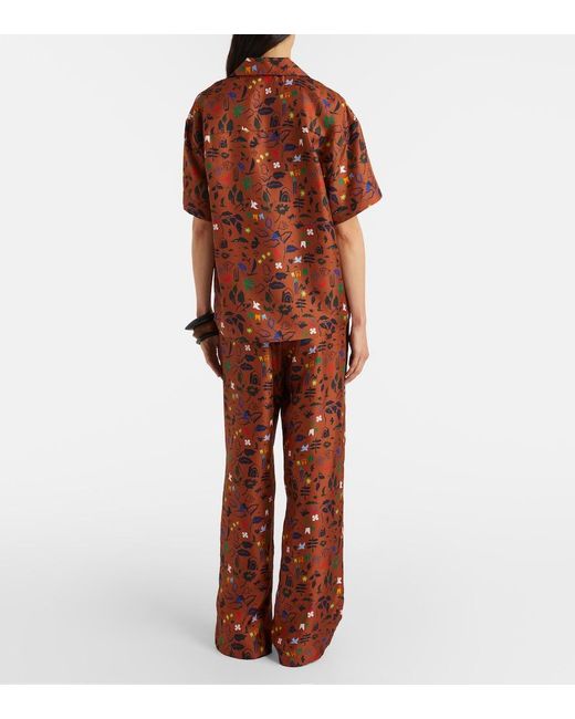 Asceno Brown Aurelia Printed Silk Twill Wide-Leg Pants