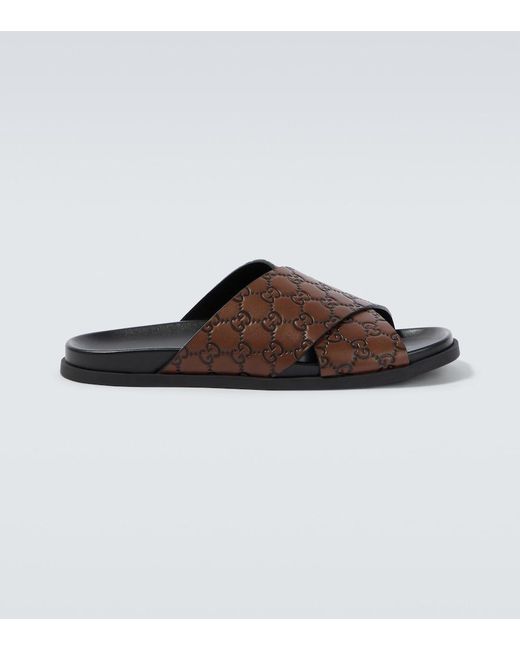 Gucci Brown Gg Leather Slides for men