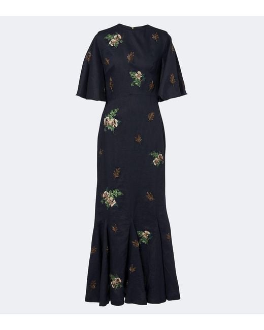 Agua Bendita Blue Ave Anhelo Floral Linen Maxi Dress