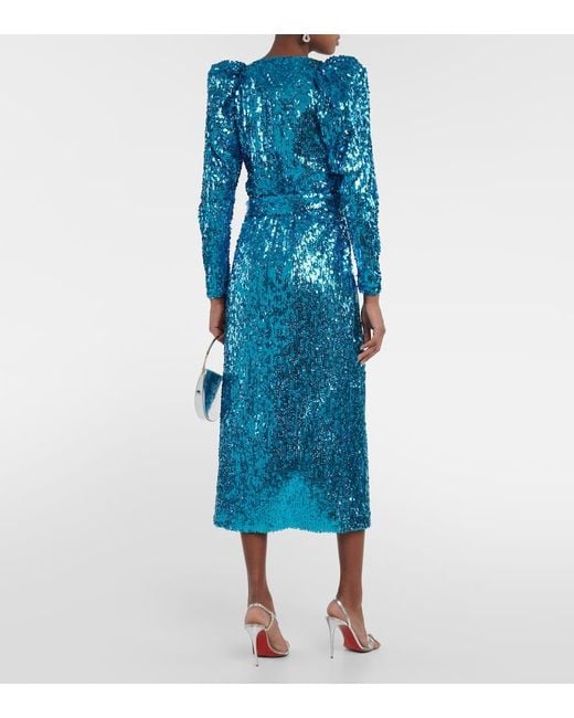 ROTATE BIRGER CHRISTENSEN Blue Puff-Sleeve Sequined Wrap Dress