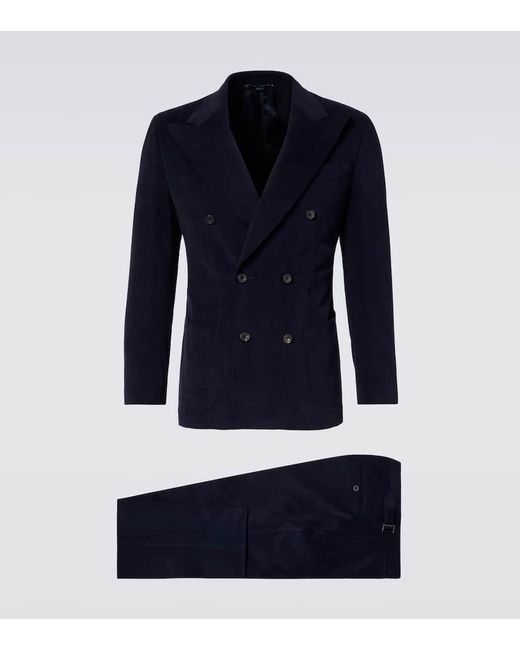 Thom Sweeney Blue Double-Breasted Brushed Cotton Suit for men