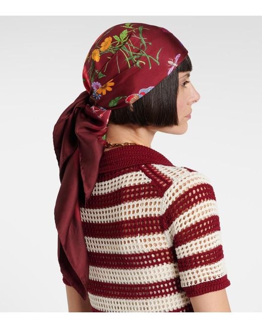 Gucci Red Vierecktuch Aus Seidentwill Mit Flora-Print