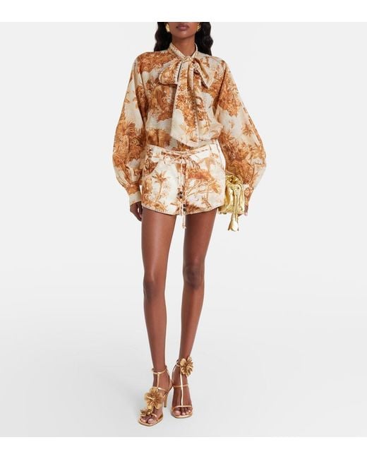 Zimmermann Brown Indra Printed Tie-Neck Ramie Blouse