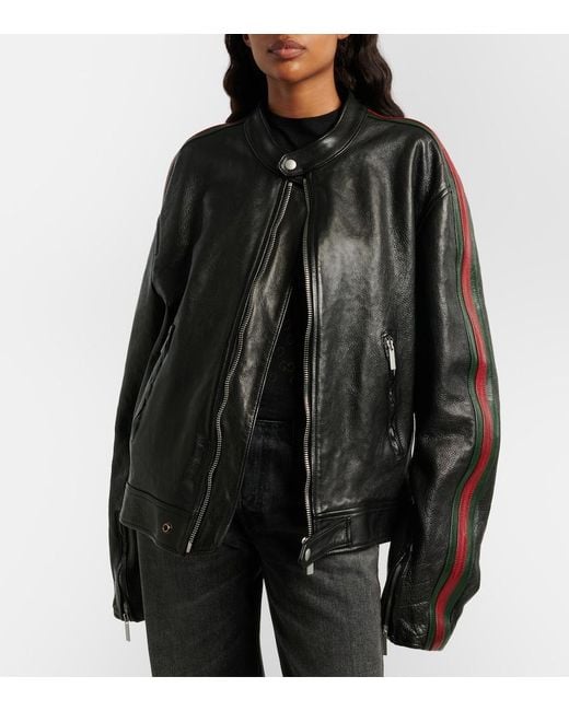 Gucci Black Web Stripe Leather Biker Jacket