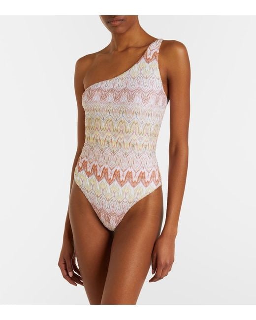 Missoni Pink Zigzag One-Shoulder Lame Swimsuit