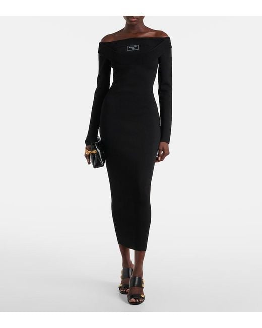Balmain Black Ls Double Collar Knit Zipped Midi Dress