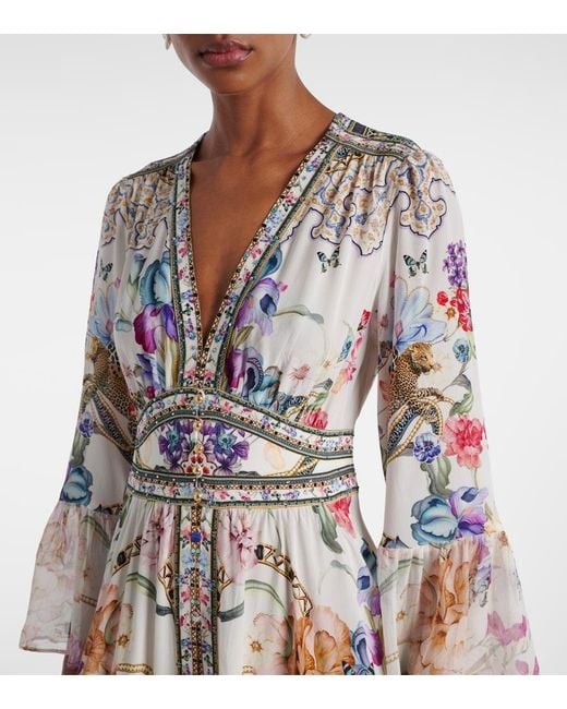 Camilla White Crystal-Embellished Ruffled Floral-Print Silk Maxi Dress
