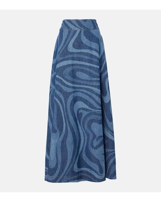 Emilio Pucci Blue Marmo High-Rise Denim Maxi Skirt