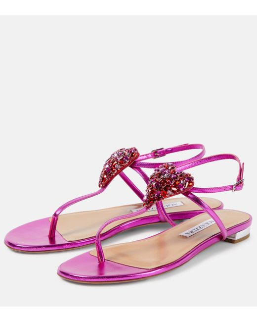 Aquazzura Pink Love Me Metallic Leather Thong Sandals