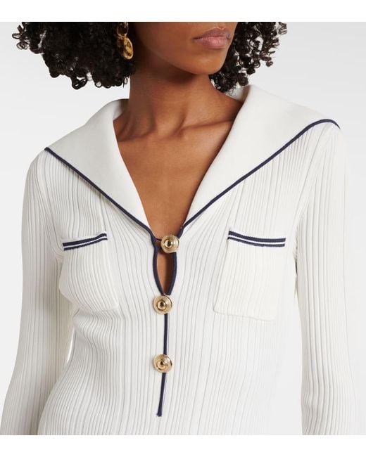 Self-Portrait White Ribbed-Knit Midi Dress