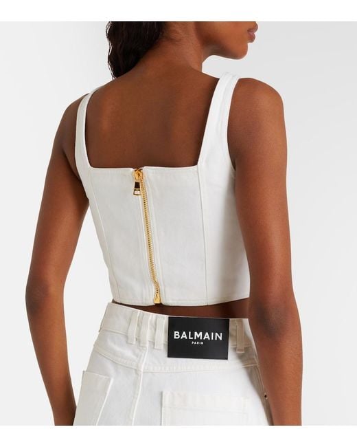 Balmain White Denim Crop Top