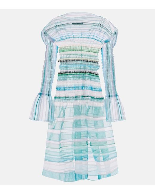 SUSAN FANG Blue Striped Sheer Midi Dress