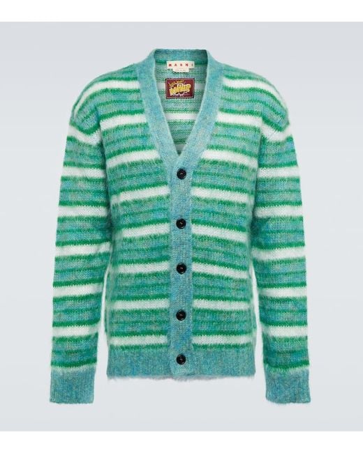 Marni Green Striped Mohair-Blend Cardigan for men