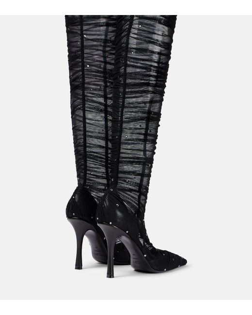 Jimmy Choo Black Lotta 100 Embellished Tulle Over-The-Knee Boots