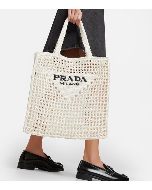 Prada White Small Raffia-Effect Crochet Shopper