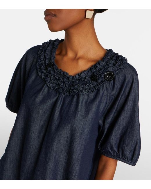 Max Mara Blue Embellished Ruffled Denim Blouse