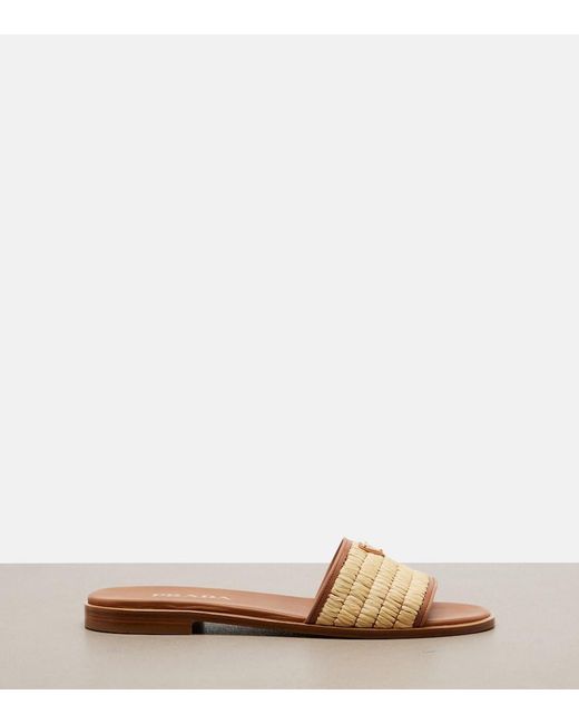 Prada Brown Leather And Raffia Slides
