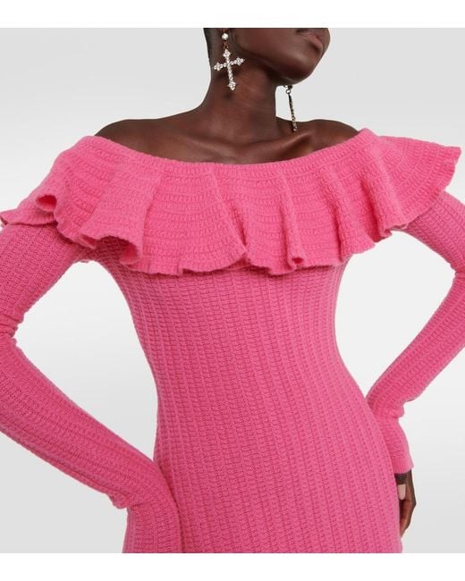 Blumarine Pink Off-Shoulder Ruffled Wool Minidress