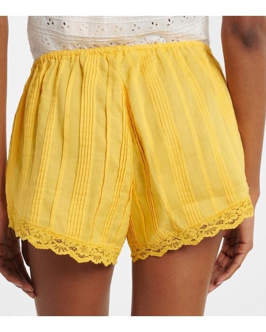 Doen Yellow Leda Lace-Trimmed Shorts