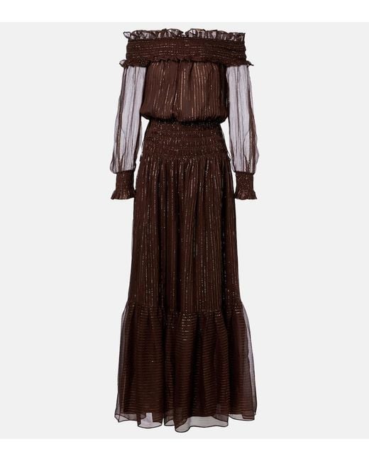 Self-Portrait Brown Shirred Silk-Blend Georgette Maxi Dress