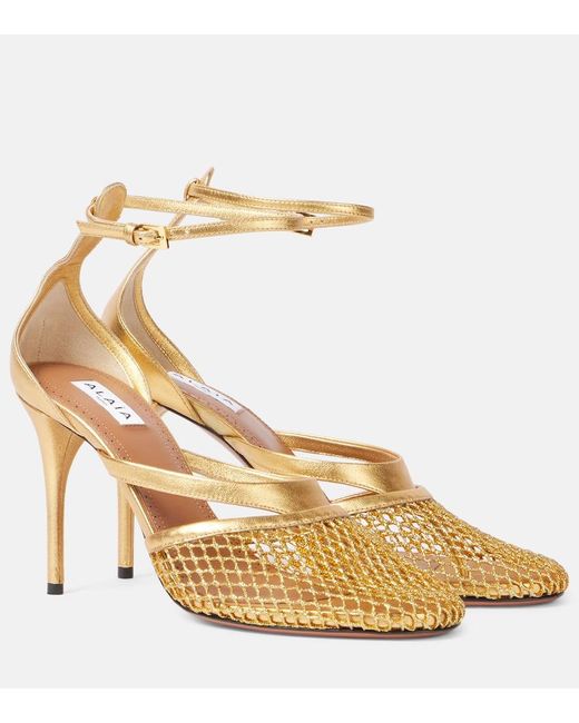 Alaïa Metallic Infradito Fishnet 90 Leather Pumps