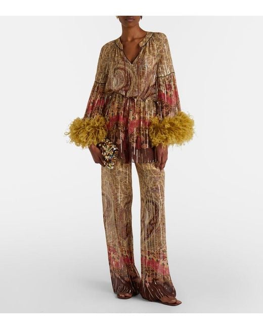 Valentino Multicolor Paisley Feather-Trimmed Silk-Blend Blouse