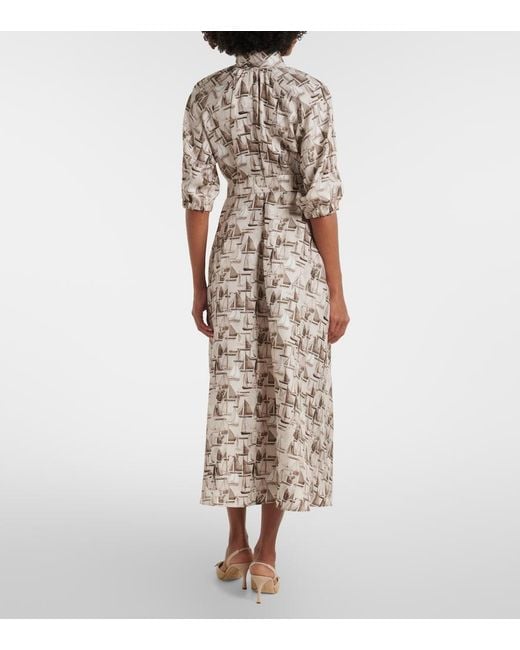 Max Mara White Printed Tie-Neck Silk Twill Midi Dress