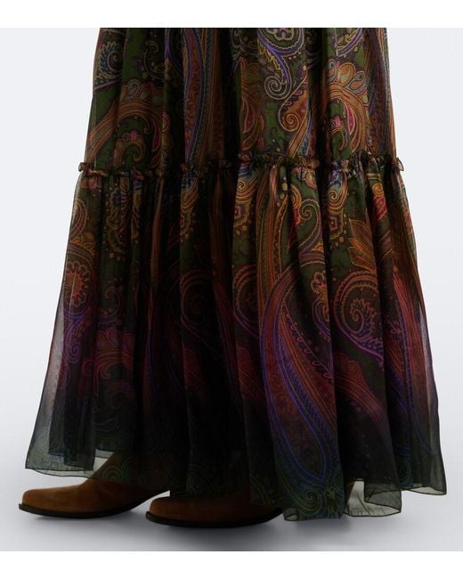 Etro Brown Paisley Silk Tiered Maxi Skirt
