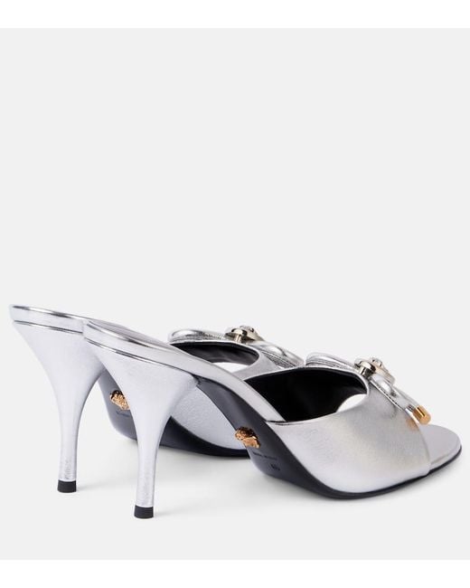 Versace White Opera Bow 85 Metallic Leather Mules