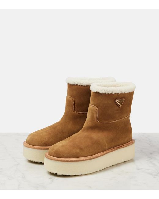 Prada Brown Ankle Boots Aus Veloursleder Mit Shearling