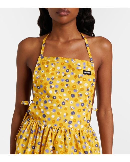Miu Miu Yellow Floral Open-Back Cotton Poplin Minidress