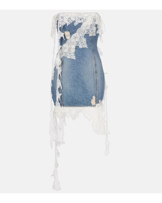 Vestido Corto De Denim Con Encaje Blumarine de color Blue