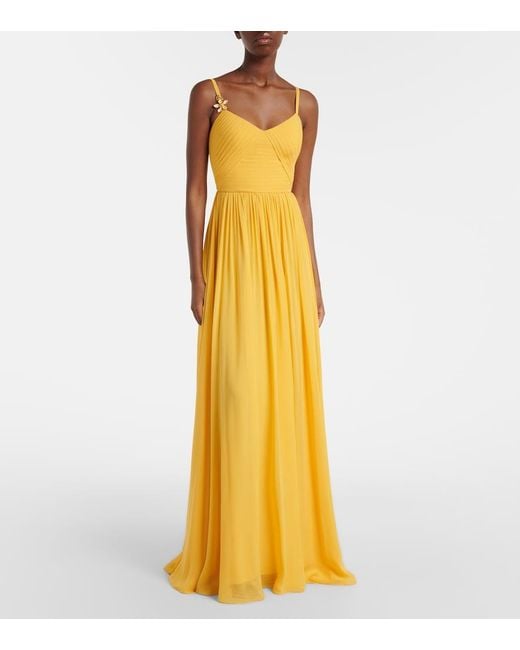 Elie Saab Yellow Embellished Scarf-Detail Silk Gown