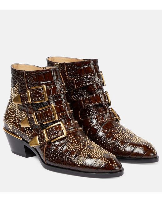 Chloé Brown Susan Croc-effect Leather Ankle Boots