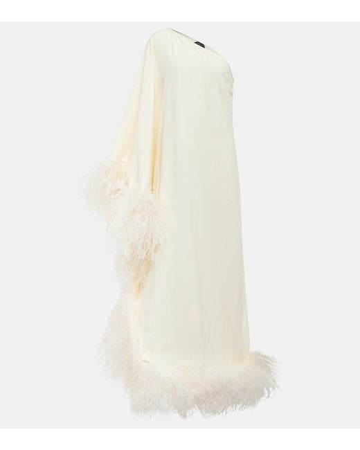 Taller Marmo White Ubud One-Shoulder Feather-Trimmed Crepe Maxi Dress