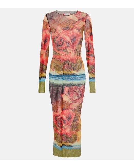 Jean Paul Gaultier Red Roses Printed Tulle Midi Dress