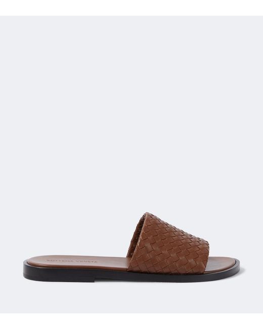Bottega Veneta Brown Elio Intrecciato Leather Slides for men