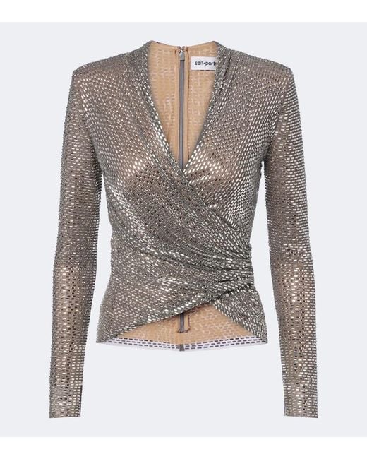 Self-Portrait Gray Rhinestone-Embellished Top