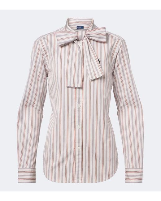 Polo Ralph Lauren White Bow-Detail Striped Cotton Poplin Shirt