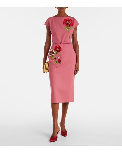Oscar de la Renta Pink Floral-Applique Midi Dress