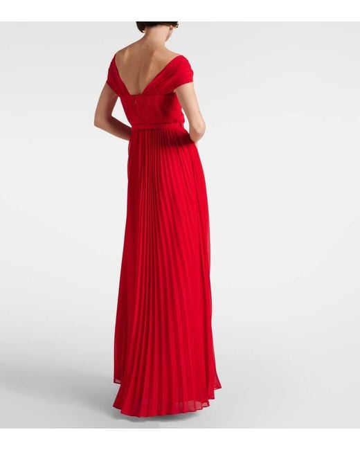 Self-Portrait Red Pleated Off-Shoulder Chiffon Gown