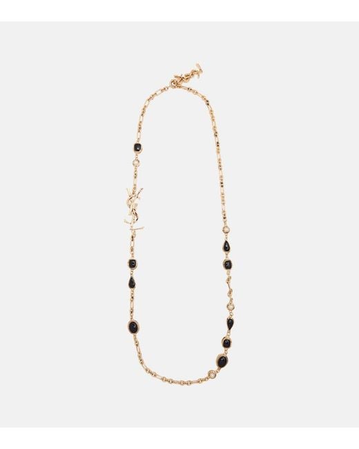 Saint Laurent White Cassandre Embellished Chain Necklace