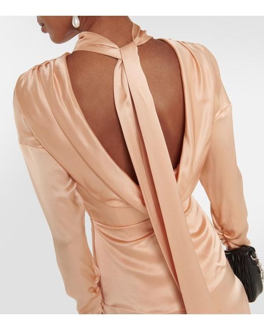 Alessandra Rich Pink Tie-Neck Silk Satin Midi Dress