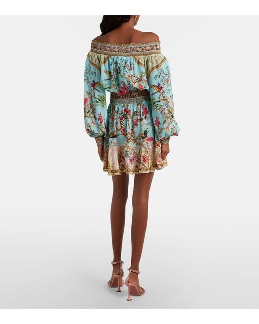 Camilla Blue Embellished Off-Shoulder Silk Crepe Minidress