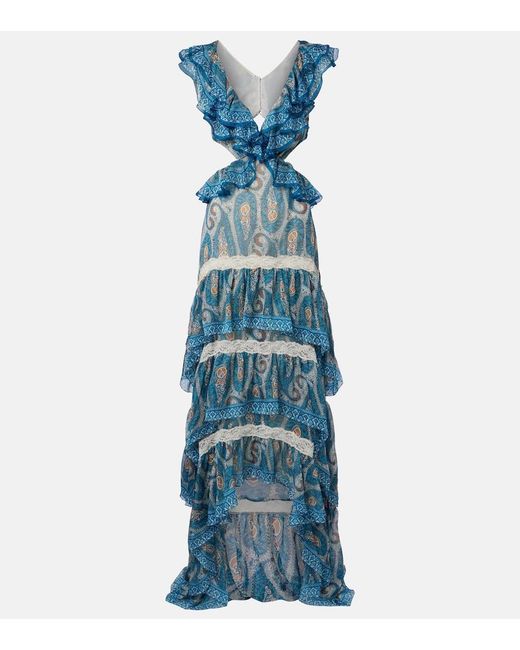 Etro Blue Paisley Lace-Trimmed Ruffled Silk Maxi Dress