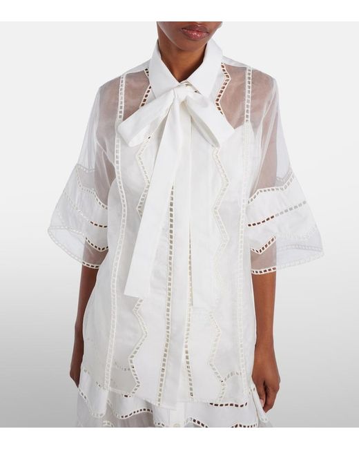 Elie Saab White Tie-Neck Cotton And Silk-Blend Blouse